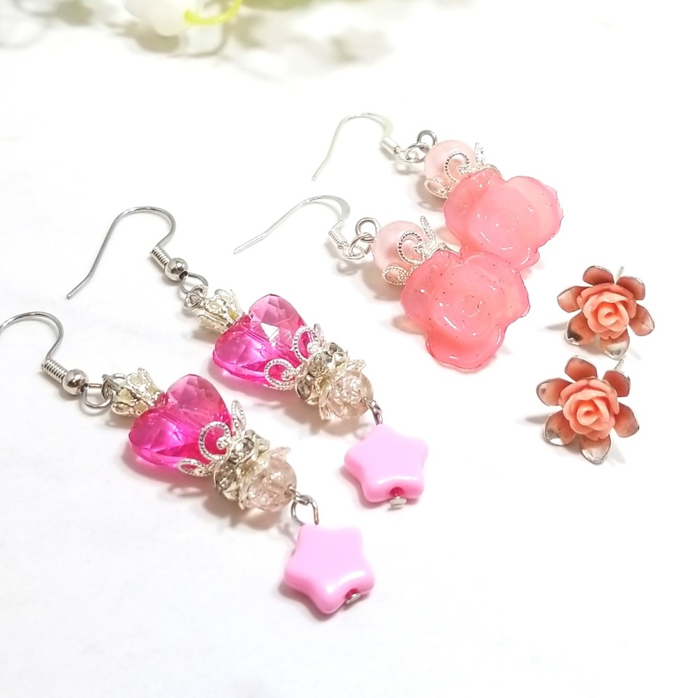 Handmade Cute Pink Rose Dangle & Studs Earring Set